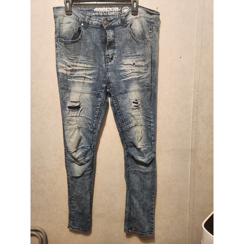 Mecca Jeans Mens Size 36 Blue Stretch Fit Moto Acid Wash Distressed Crinkled